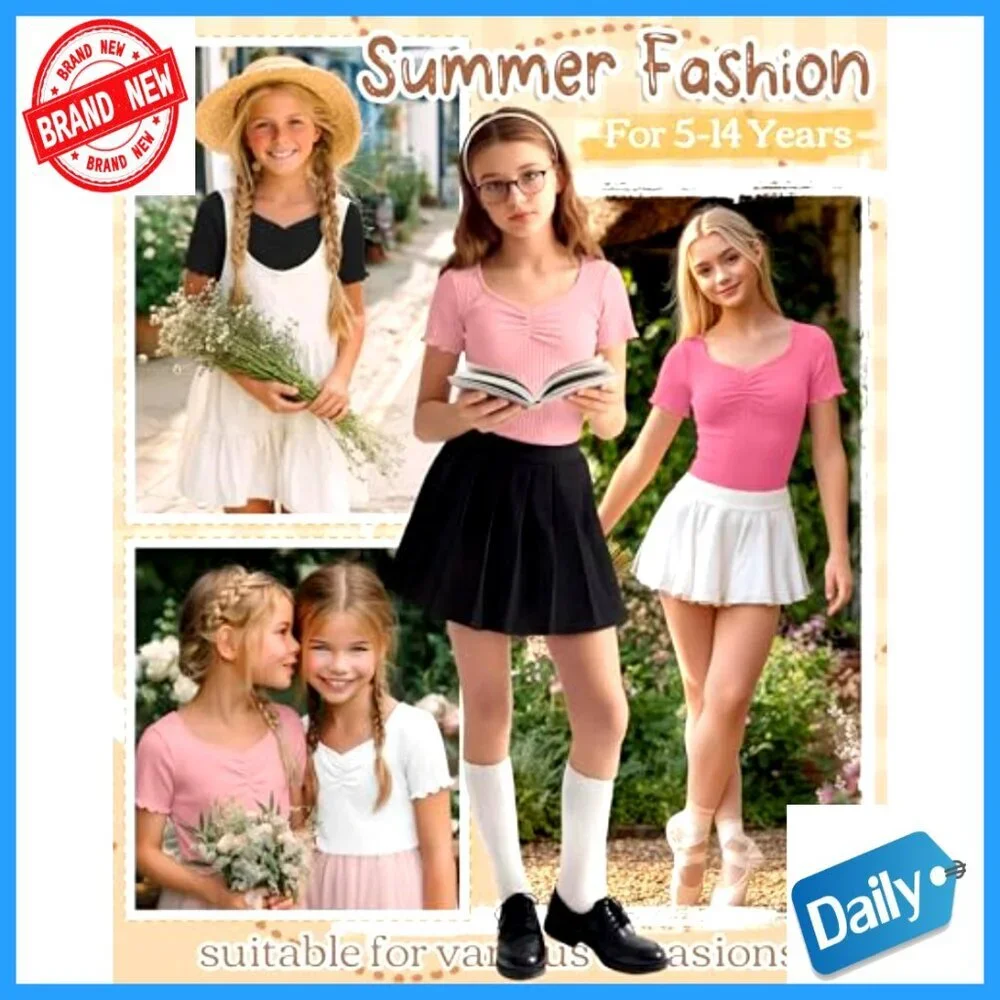 Girls Slim Fit V-Neck Tees 4 Pack Ribbed Lettuce Trim Short Sleeve Tops